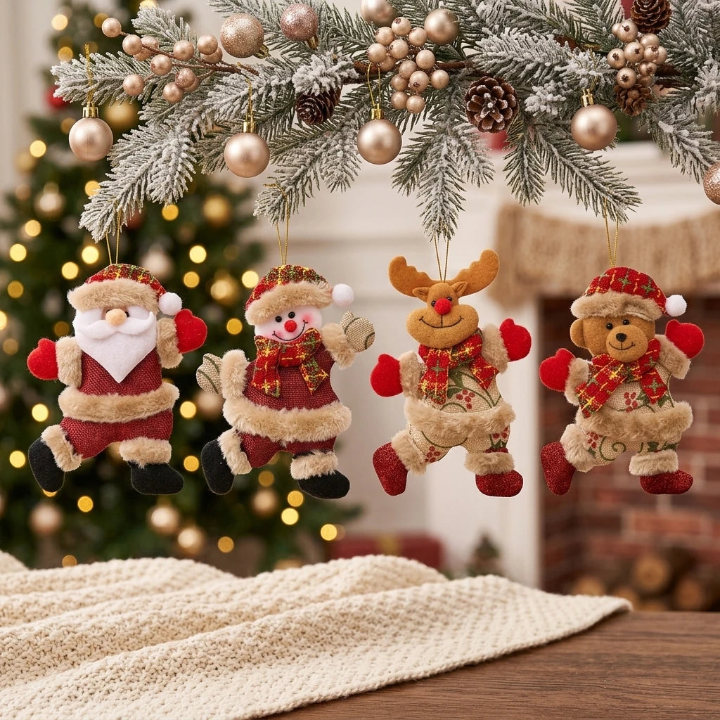 Mini Christmas Fabric Doll Ornaments – Hanging Santa, Snowman & Reindeer Decorations