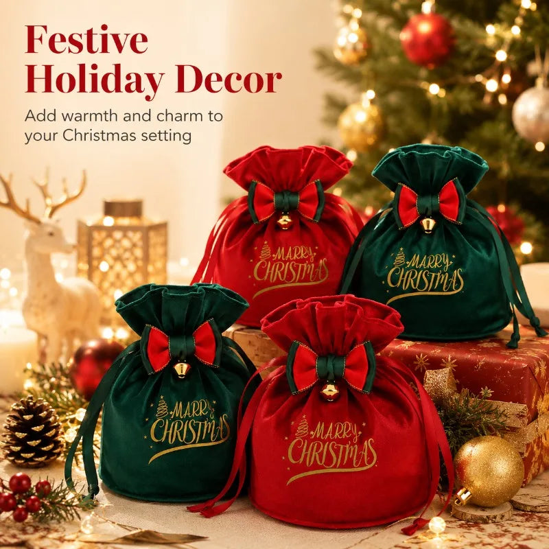 Christmas Velvet Gift Bags with Drawstring & Decorative Bow