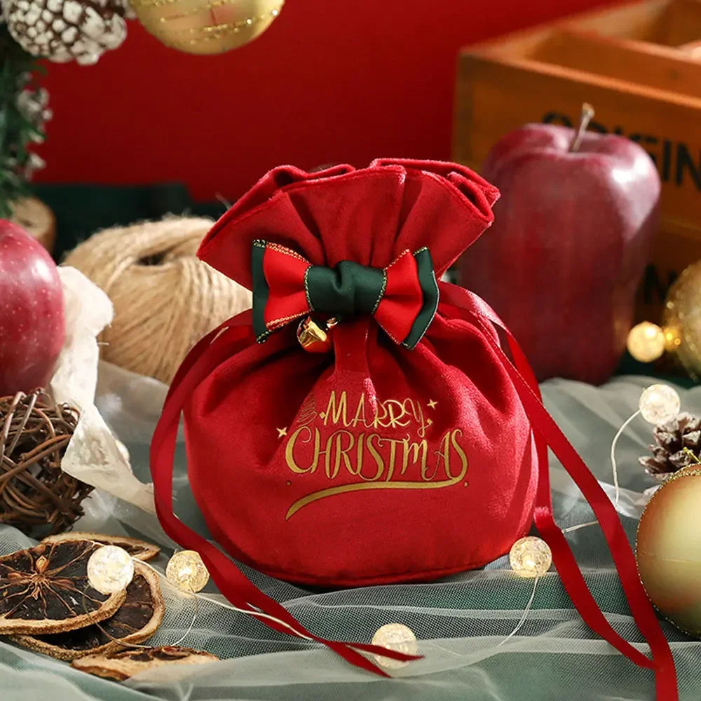 Christmas Velvet Gift Bags with Drawstring & Decorative Bow