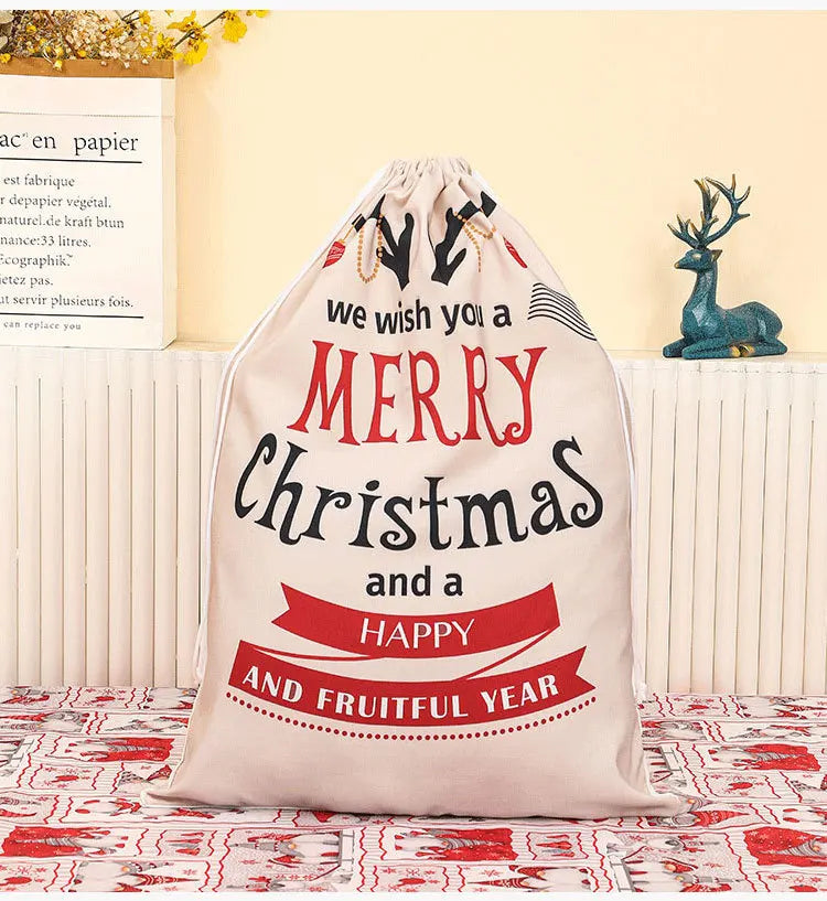 Linen Christmas Gift Bag – Reusable Drawstring Holiday Sack