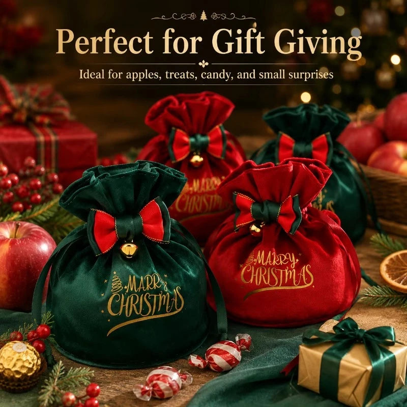 Christmas Velvet Gift Bags with Drawstring & Decorative Bow