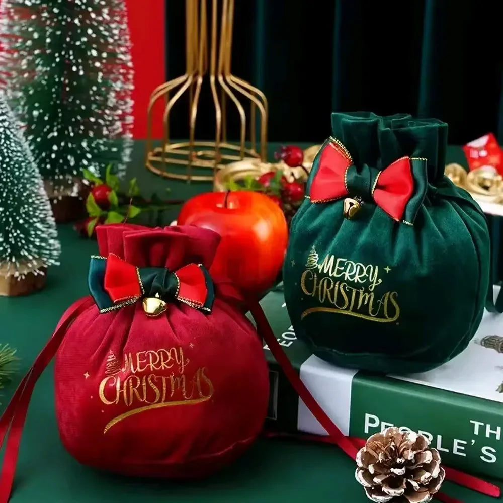 Christmas Velvet Gift Bags with Drawstring & Decorative Bow