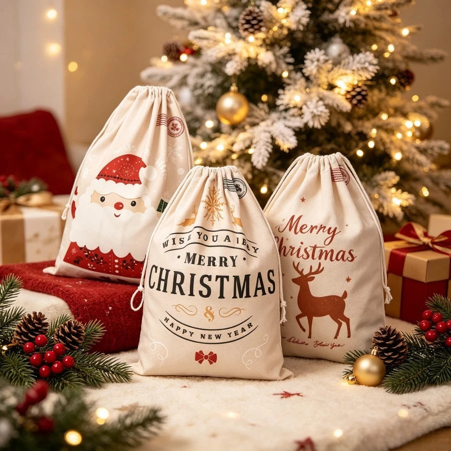 Linen Christmas Gift Bag – Reusable Drawstring Holiday Sack