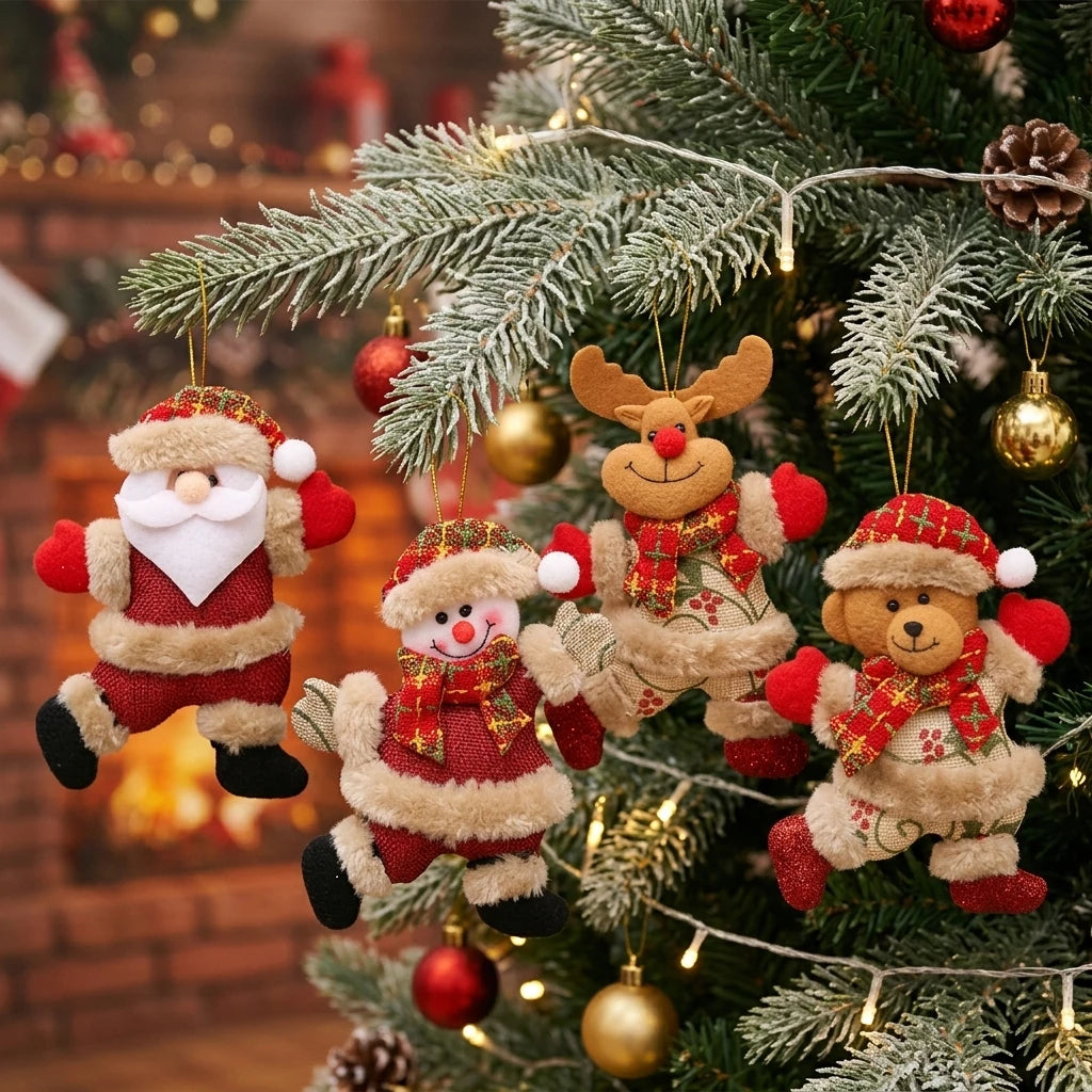 Mini Christmas Fabric Doll Ornaments – Hanging Santa, Snowman & Reindeer Decorations