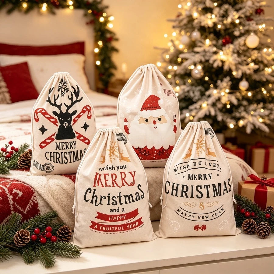 Linen Christmas Gift Bag – Reusable Drawstring Holiday Sack