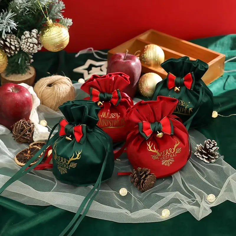 Christmas Velvet Gift Bags with Drawstring & Decorative Bow
