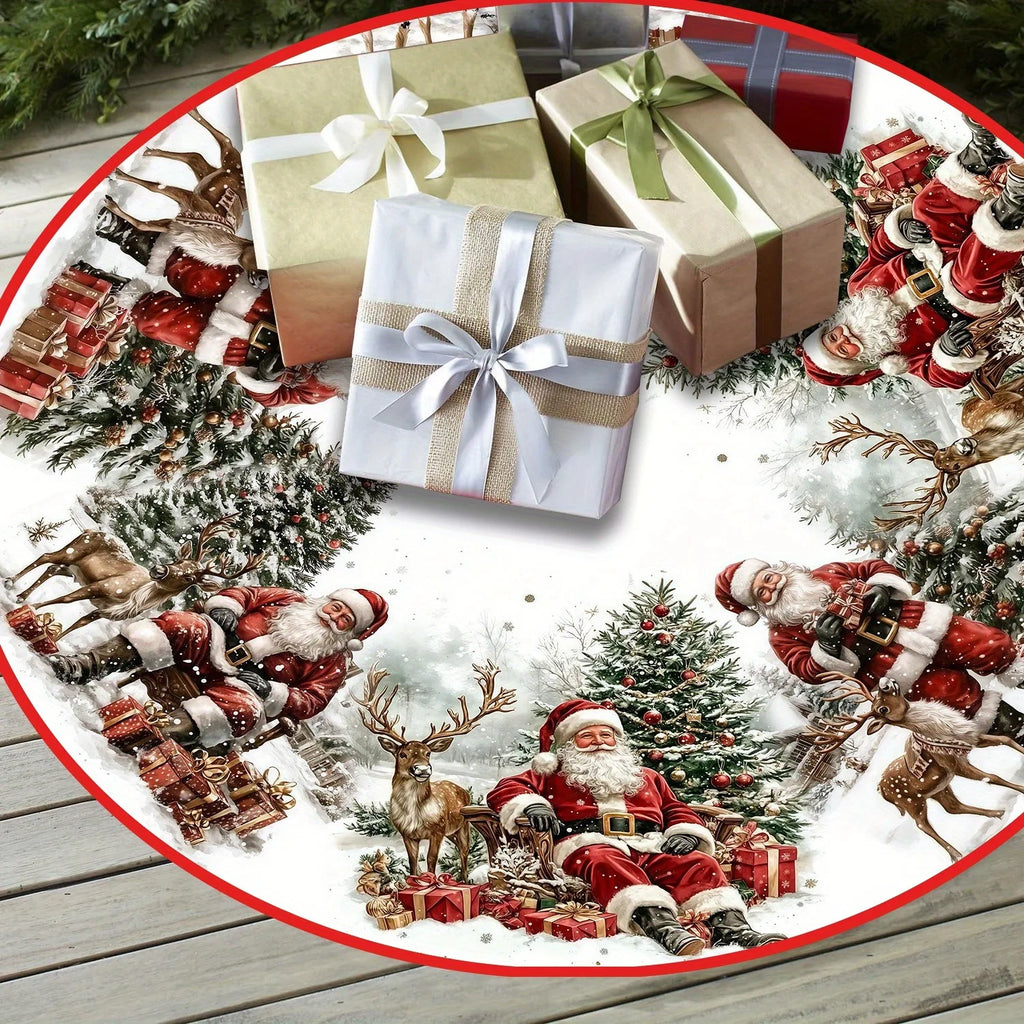 Vintage Santa & Reindeer Christmas Tree Skirt – Festive Holiday Floor Décor