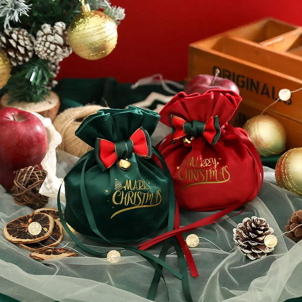 Christmas Velvet Gift Bags with Drawstring & Decorative Bow
