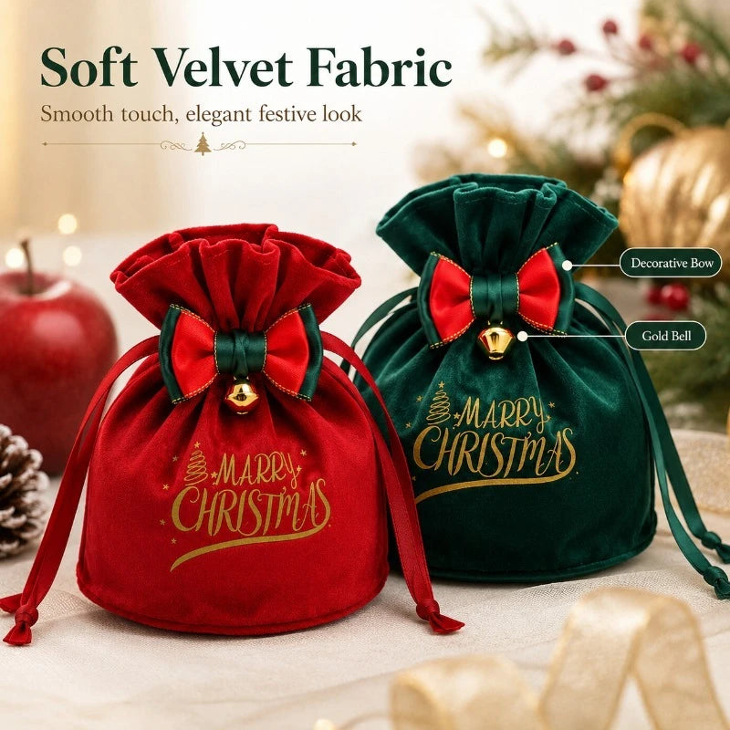 Christmas Velvet Gift Bags with Drawstring & Decorative Bow