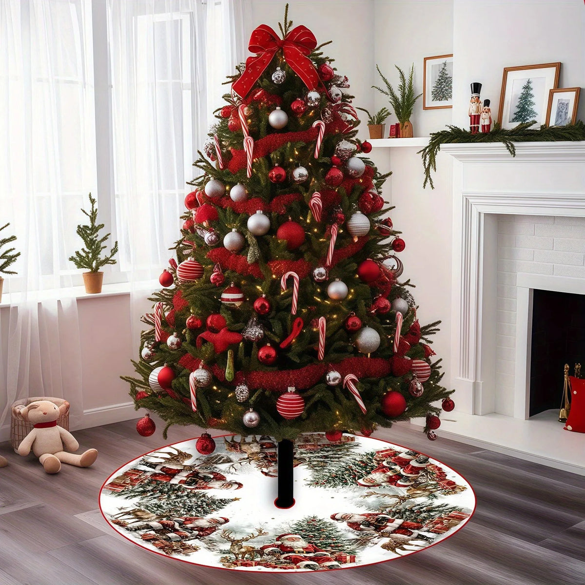 Vintage Santa & Reindeer Christmas Tree Skirt – Festive Holiday Floor Décor