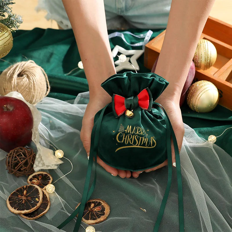 Christmas Velvet Gift Bags with Drawstring & Decorative Bow