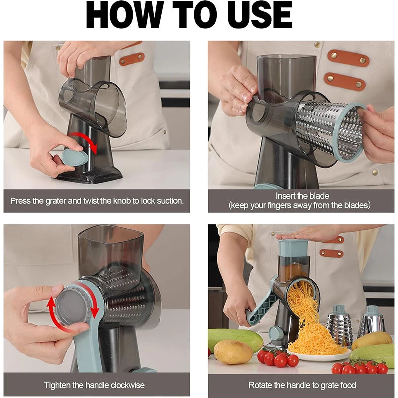 3-in-1 Rotary Cheese Grater – Manual Vegetable Slicer & Shredder