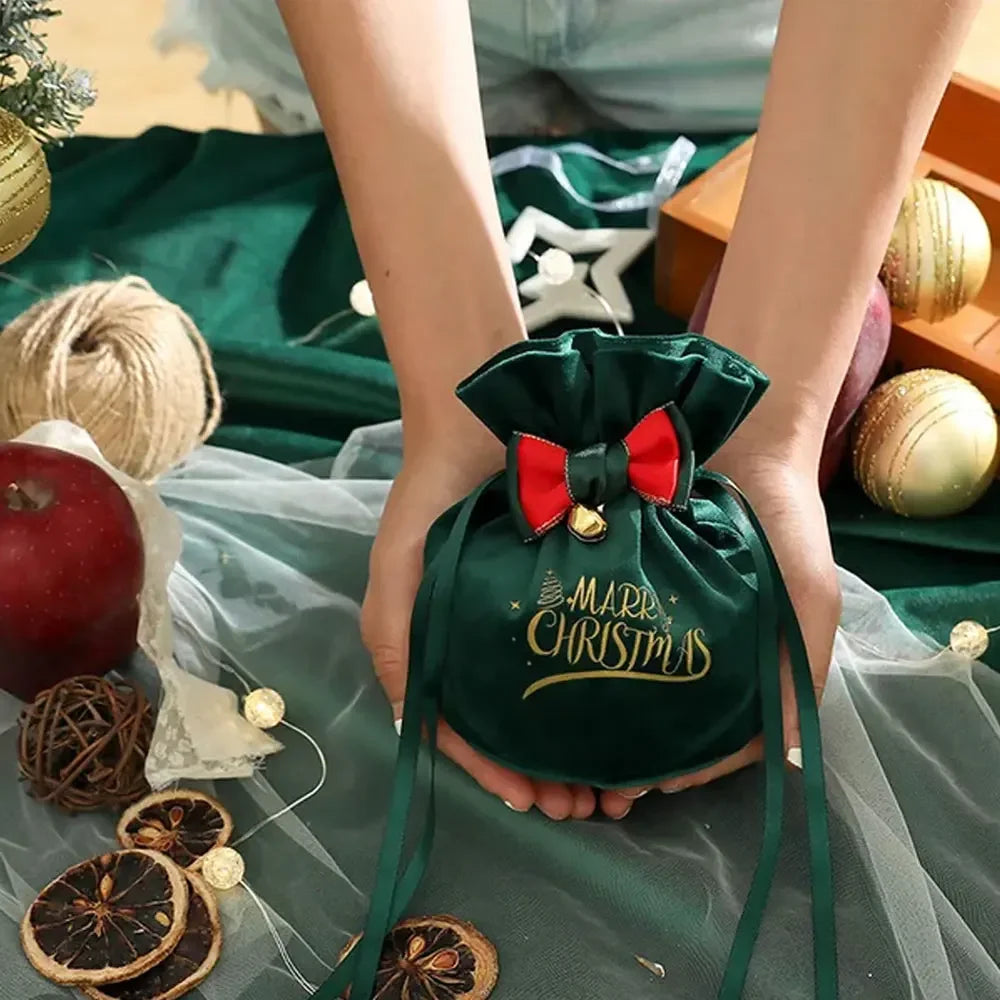 Christmas Velvet Gift Bags with Drawstring & Decorative Bow