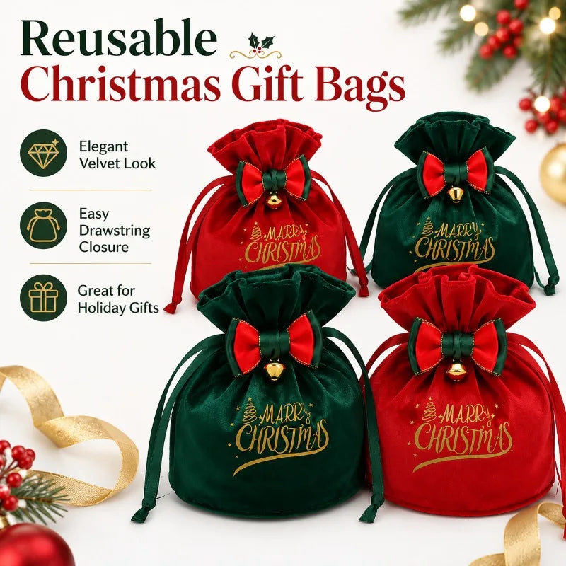 Christmas Velvet Gift Bags with Drawstring & Decorative Bow
