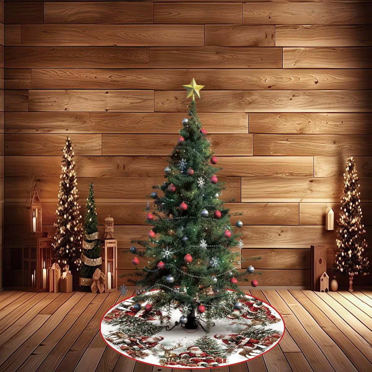 Vintage Santa & Reindeer Christmas Tree Skirt – Festive Holiday Floor Décor