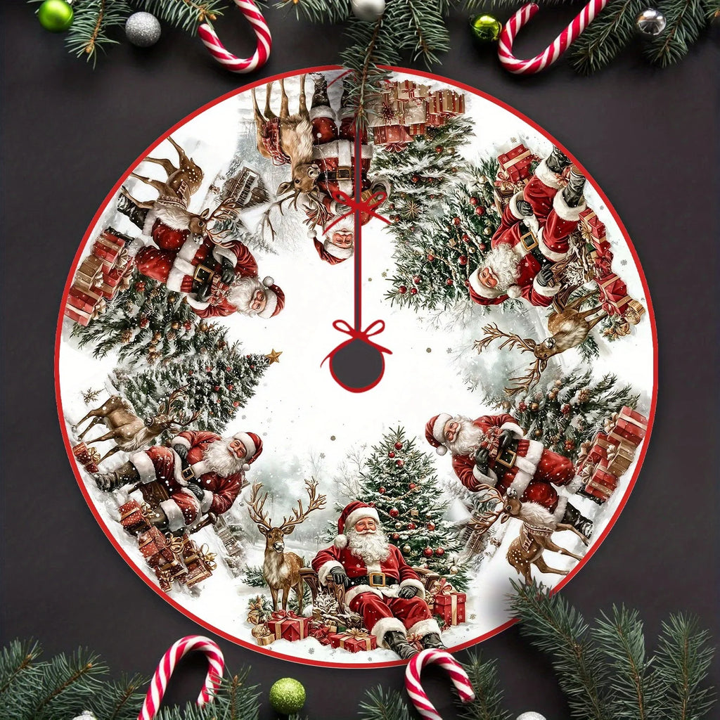 Vintage Santa & Reindeer Christmas Tree Skirt – Festive Holiday Floor Décor