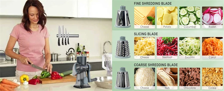 3-in-1 Rotary Cheese Grater – Manual Vegetable Slicer & Shredder